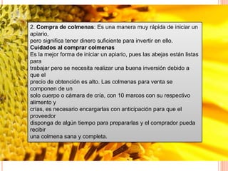 2. Compra de colmenas: Es una manera muy rápida de iniciar un
apiario,
pero significa tener dinero suficiente para invertir en ello.
Cuidados al comprar colmenas
Es la mejor forma de iniciar un apiario, pues las abejas están listas
para
trabajar pero se necesita realizar una buena inversión debido a
que el
precio de obtención es alto. Las colmenas para venta se
componen de un
solo cuerpo o cámara de cría, con 10 marcos con su respectivo
alimento y
crías, es necesario encargarlas con anticipación para que el
proveedor
disponga de algún tiempo para prepararlas y el comprador pueda
recibir
una colmena sana y completa.
 