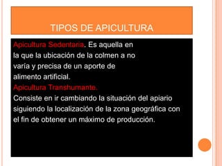 TIPOS DE APICULTURA
Apicultura Sedentaria. Es aquella en
la que la ubicación de la colmen a no
varía y precisa de un aporte de
alimento artificial.
Apicultura Transhumante.
Consiste en ir cambiando la situación del apiario
siguiendo la localización de la zona geográfica con
el fin de obtener un máximo de producción.
 
