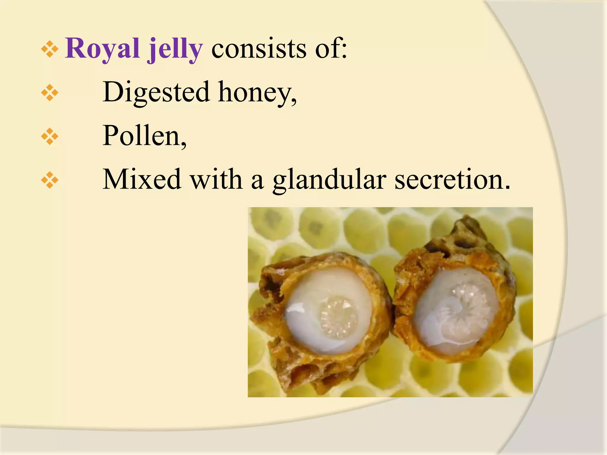  Royal jelly consists of:
 Digested honey,
 Pollen,
 Mixed with a glandular secretion.
 