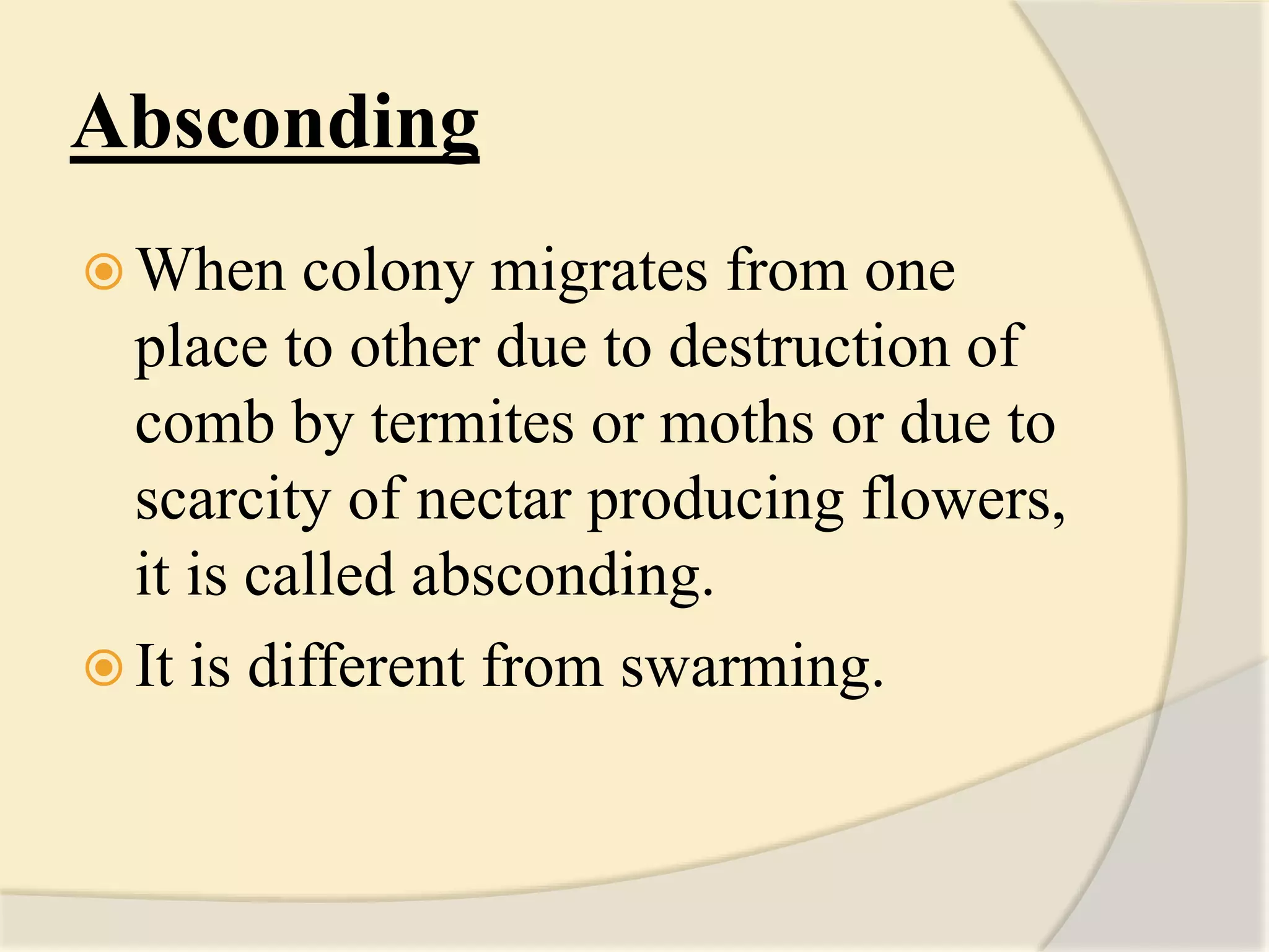 Absconding
 When colony migrates from one
place to other due to destruction of
comb by termites or moths or due to
scarcity of nectar producing flowers,
it is called absconding.
 It is different from swarming.
 
