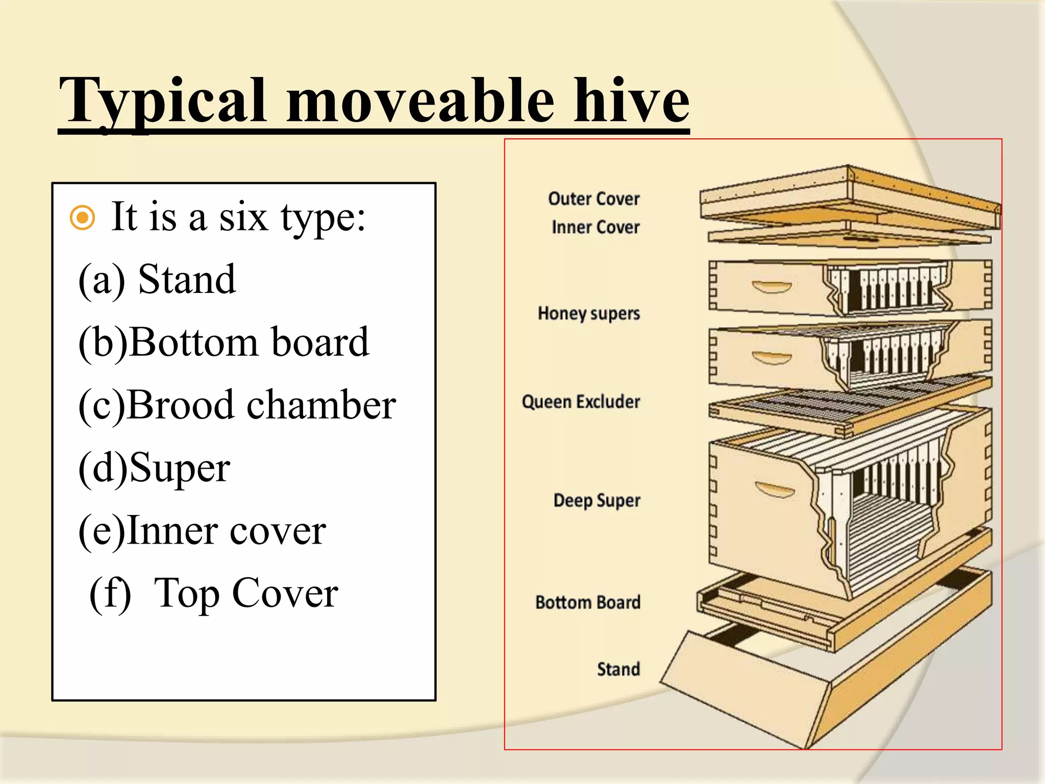 Typical moveable hive
 It is a six type:
(a) Stand
(b)Bottom board
(c)Brood chamber
(d)Super
(e)Inner cover
(f) Top Cover
 