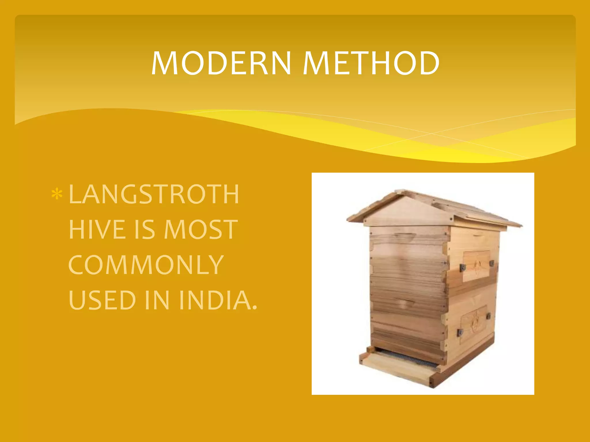 MODERN METHOD
LANGSTROTH
HIVE IS MOST
COMMONLY
USED IN INDIA.
 