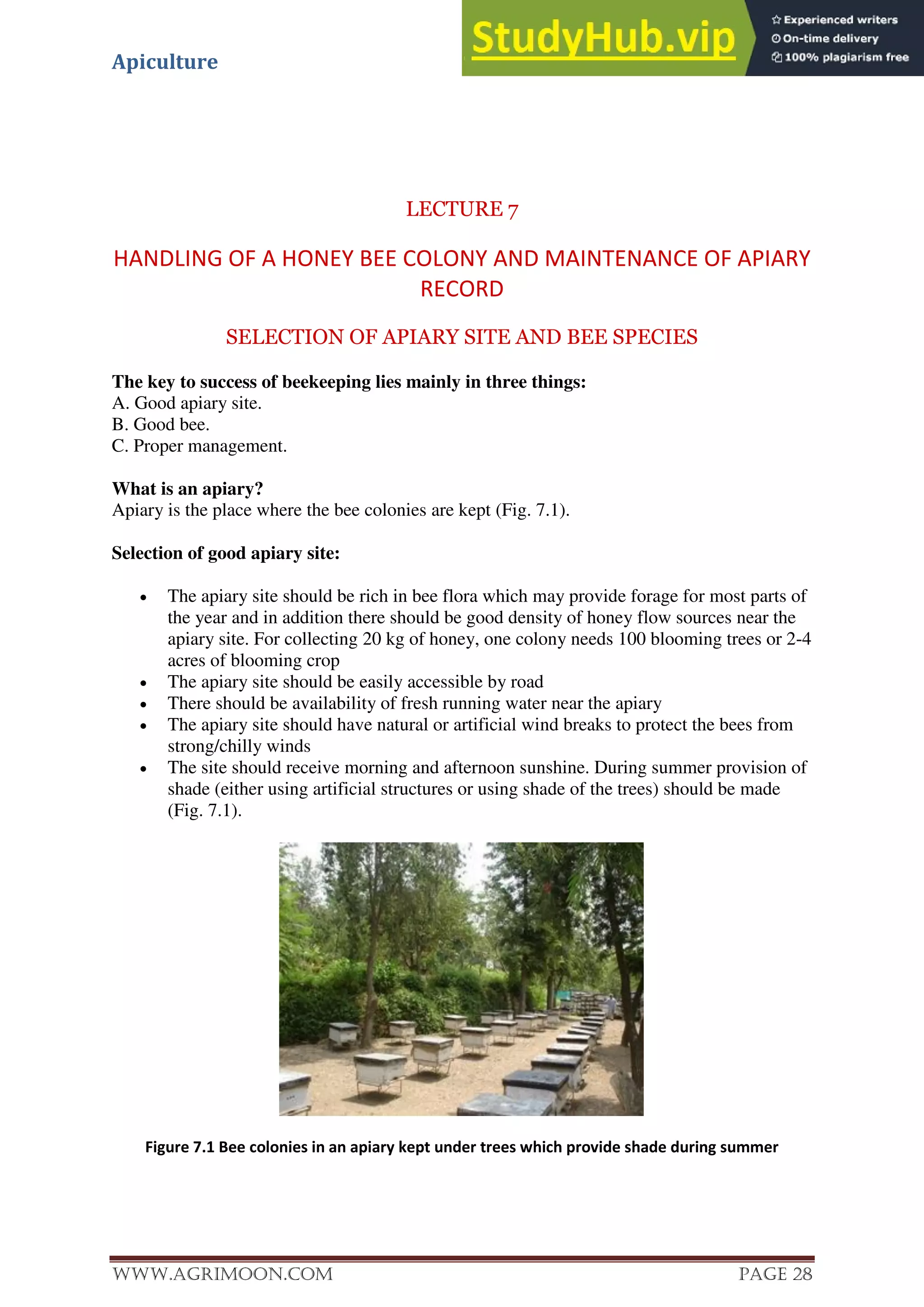 Apiculture
www.Agrimoon.com Page 28
LECTURE 7
HANDLING OF A HONEY BEE COLONY AND MAINTENANCE OF APIARY
RECORD
SELECTION OF APIARY SITE AND BEE SPECIES
The key to success of beekeeping lies mainly in three things:
A. Good apiary site.
B. Good bee.
C. Proper management.
What is an apiary?
Apiary is the place where the bee colonies are kept (Fig. 7.1).
Selection of good apiary site:
 The apiary site should be rich in bee flora which may provide forage for most parts of
the year and in addition there should be good density of honey flow sources near the
apiary site. For collecting 20 kg of honey, one colony needs 100 blooming trees or 2-4
acres of blooming crop
 The apiary site should be easily accessible by road
 There should be availability of fresh running water near the apiary
 The apiary site should have natural or artificial wind breaks to protect the bees from
strong/chilly winds
 The site should receive morning and afternoon sunshine. During summer provision of
shade (either using artificial structures or using shade of the trees) should be made
(Fig. 7.1).
Figure 7.1 Bee colonies in an apiary kept under trees which provide shade during summer
 
