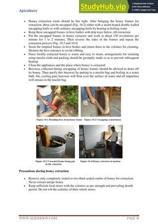 Apiculture
www.Agrimoon.com Page 41
 Honey extraction room should be bee tight. After bringing the honey frames for
extraction, these can be uncapped (Fig. 10.2) either with a steam heated double walled
uncapping knife or with ordinary uncapping knife by heating in boiling water
 Keep these uncapped frames in hive bodies with drip trays below, till extraction
 Put the uncapped frames in honey extractor and work at about 150 revolutions per
minute for 1 to 2 minutes. Then reverse the sides of the frames and repeat the
extraction process (Fig. 10.3 and 10.4)
 Stock the emptied frames in hive bodies and return these to the colonies for cleaning.
Shorten the hive entrance to avoid robbing
 Since freshly extracted honey is warm and easy to strain, arrangements for straining
using muslin cloth and packing should be promptly made so as to prevent subsequent
heating
 Clean the appliances and the place where honey is extracted
 Beeswax collected during uncapping of honey frames should be allowed to drain off
its honey. Then purify this beeswax by putting in a muslin bag and boiling in a water
bath. On, cooling pure beeswax will float over the surface of water and all impurities
will remain in the muslin bag.
Precautions during honey extraction
 Remove only completely sealed or two third sealed combs of honey for extraction.
Never extract unripe honey
 Keep sufficient food stores with the colonies as per strength and prevailing dearth
period. Do not rob the colonies of their whole stores.
 