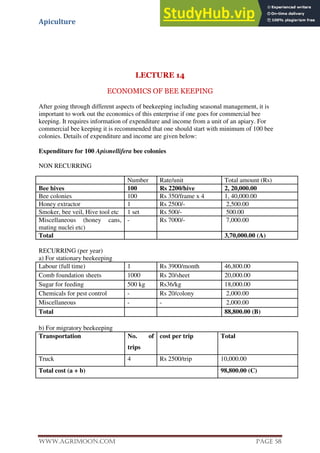 Apiculture
www.Agrimoon.com Page 58
LECTURE 14
ECONOMICS OF BEE KEEPING
After going through different aspects of beekeeping including seasonal management, it is
important to work out the economics of this enterprise if one goes for commercial bee
keeping. It requires information of expenditure and income from a unit of an apiary. For
commercial bee keeping it is recommended that one should start with minimum of 100 bee
colonies. Details of expenditure and income are given below:
Expenditure for 100 Apismellifera bee colonies
NON RECURRING
Number Rate/unit Total amount (Rs)
Bee hives 100 Rs 2200/hive 2, 20,000.00
Bee colonies 100 Rs 350/frame x 4 1, 40,000.00
Honey extractor 1 Rs 2500/- 2,500.00
Smoker, bee veil, Hive tool etc 1 set Rs 500/- 500.00
Miscellaneous (honey cans,
mating nuclei etc)
- Rs 7000/- 7,000.00
Total 3,70,000.00 (A)
RECURRING (per year)
a) For stationary beekeeping
Labour (full time) 1 Rs 3900/month 46,800.00
Comb foundation sheets 1000 Rs 20/sheet 20,000.00
Sugar for feeding 500 kg Rs36/kg 18,000.00
Chemicals for pest control - Rs 20/colony 2,000.00
Miscellaneous - - 2,000.00
Total 88,800.00 (B)
b) For migratory beekeeping
Transportation No. of
trips
cost per trip Total
Truck 4 Rs 2500/trip 10,000.00
Total cost (a + b) 98,800.00 (C)
 
