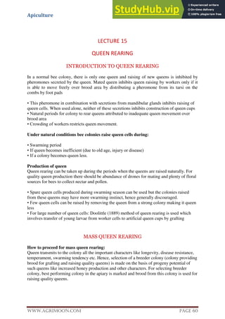 Apiculture
www.Agrimoon.com Page 60
LECTURE 15
QUEEN REARING
INTRODUCTION TO QUEEN REARING
In a normal bee colony, there is only one queen and raising of new queens is inhibited by
pheromones secreted by the queen. Mated queen inhibits queen raising by workers only if it
is able to move freely over brood area by distributing a pheromone from its tarsi on the
combs by foot pads
• This pheromone in combination with secretions from mandibular glands inhibits raising of
queen cells. When used alone, neither of these secretions inhibits construction of queen cups
• Natural periods for colony to rear queens attributed to inadequate queen movement over
brood area
• Crowding of workers restricts queen movement.
Under natural conditions bee colonies raise queen cells during:
• Swarming period
• If queen becomes inefficient (due to old age, injury or disease)
• If a colony becomes queen less.
Production of queen
Queen rearing can be taken up during the periods when the queens are raised naturally. For
quality queen production there should be abundance of drones for mating and plenty of floral
sources for bees to collect nectar and pollen.
• Spare queen cells produced during swarming season can be used but the colonies raised
from these queens may have more swarming instinct, hence generally discouraged.
• Few queen cells can be raised by removing the queen from a strong colony making it queen
less
• For large number of queen cells: Doolittle (1889) method of queen rearing is used which
involves transfer of young larvae from worker cells to artificial queen cups by grafting
MASS QUEEN REARING
How to proceed for mass queen rearing:
Queen transmits to the colony all the important characters like longevity, disease resistance,
temperament, swarming tendency etc. Hence, selection of a breeder colony (colony providing
brood for grafting and raising quality queens) is made on the basis of progeny potential of
such queens like increased honey production and other characters. For selecting breeder
colony, best performing colony in the apiary is marked and brood from this colony is used for
raising quality queens.
 