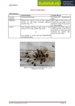 Apiculture
www.Agrimoon.com Page 71
ADULT DISEASES
Adult diseases:
Nosema disease Acarine disease
Causative
organism
Nosemaapis(protozoan) Acarapiswoodi (Endoparasitic
mite)
Symptoms Infected bees collect in front of hive, sluggish,
crawlers on leaf blades, distended abdomen,
dysentric (Fig. 17.4)
Bees gather in front of hive as
crawler bees and unable to fly;
disjointed wings having typical
‘k’ wing condition
Control Feed fumigillin 200 mg in sugar syrup to each
colony or 0.5-3.0 mg in 100ml sugar syrup.
or
Two feedings at weekly intervalof Dependel-M
@0.5g/litre/colony
Fumigate using folbex strips at
weekly intervals or with formic
acid (85%) @ 10ml/colony and
replenish the quantity after
every 24 h for 21 days
 