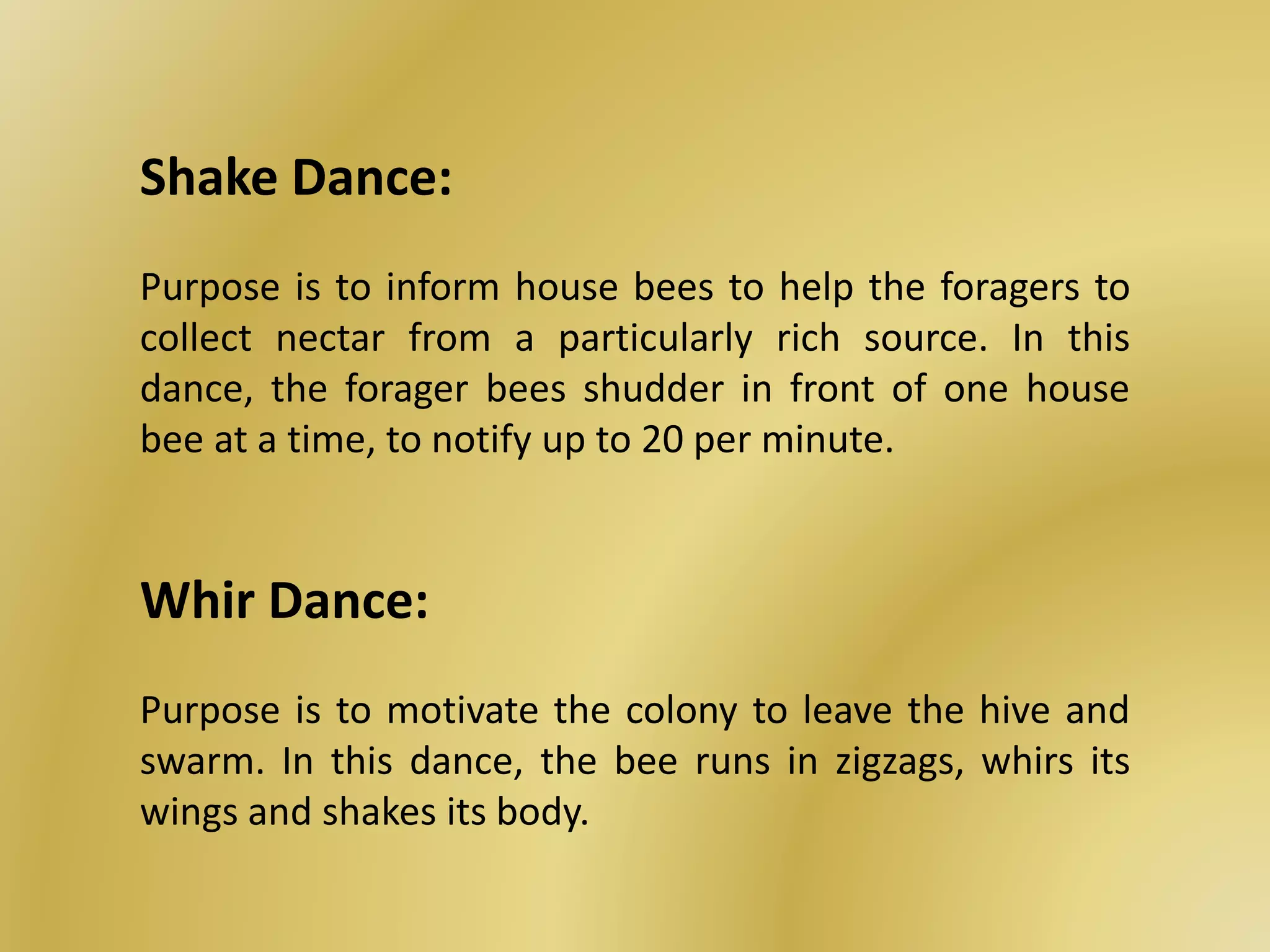 Shake Dance:
Purpose is to inform house bees to help the foragers to
collect nectar from a particularly rich source. In this
dance, the forager bees shudder in front of one house
bee at a time, to notify up to 20 per minute.
Whir Dance:
Purpose is to motivate the colony to leave the hive and
swarm. In this dance, the bee runs in zigzags, whirs its
wings and shakes its body.
 