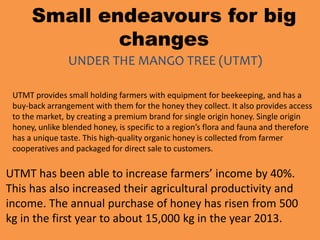 UTMT provides small holding farmers with equipment for beekeeping, and has a
buy-back arrangement with them for the honey they collect. It also provides access
to the market, by creating a premium brand for single origin honey. Single origin
honey, unlike blended honey, is specific to a region’s flora and fauna and therefore
has a unique taste. This high-quality organic honey is collected from farmer
cooperatives and packaged for direct sale to customers.
UTMT has been able to increase farmers’ income by 40%.
This has also increased their agricultural productivity and
income. The annual purchase of honey has risen from 500
kg in the first year to about 15,000 kg in the year 2013.
Small endeavours for big
changes
UNDER THE MANGO TREE (UTMT)
 