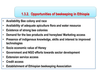 • Availability Bee colony and race
• Availability of adequate apiculture flora and water resource
• Existence of strong bee colonies
• Demand for the bee products and honeybee/ Marketing access
• Presence of indigenous knowledge, skills and interest to improved
technologies
• Socio economic value of Honey
• Government and NGO efforts towards sector development
• Extension service access
• Credit access
• Establishment of Ethiopian beekeeping Association
1.3.2. Opportunities of beekeeping in Ethiopia
 