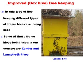 Improved (Box hive) Bee keeping
 In this type of bee
keeping different types
of frame hives are being
used
 Some of these frame
hives being used in our
country are Zander and
Langstroth hives
Zander hive
 