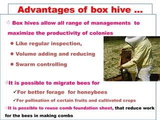 Advantages of box hive …
 Box hives allow all range of managements to
maximize the productivity of colonies
 Like regular inspection,
 Volume adding and reducing
 Swarm controlling
It is possible to migrate bees for
For better forage for honeybees
For pollination of certain fruits and cultivated crops
It is possible to reuse comb foundation sheet, that reduce work
for the bees in making combs
 