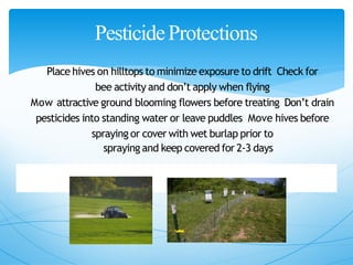 PesticideProtections
Place hives on hilltops to minimize exposure to drift Check for
bee activity and don’t apply when flying
Mow attractive ground blooming flowers before treating Don’t drain
pesticides into standing water or leave puddles Move hives before
spraying or cover with wet burlap prior to
spraying and keep covered for 2‐3 days
 
