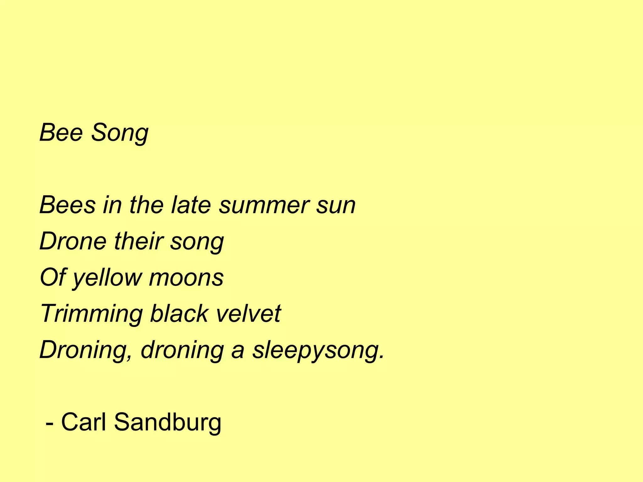 Bee Song Bees in the late summer sun Drone their song Of yellow moons Trimming black velvet Droning, droning a sleepysong. - Carl Sandburg 