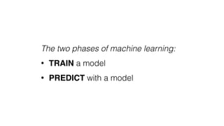 The two phases of machine learning:
• TRAIN a model
• PREDICT with a model
 