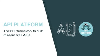 API PLATFORM
The PHP framework to build
modern web APIs.
 