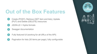 Out of the Box Features
JSON-LD + Hydra formats
Swagger documentation
Fully featured UI (working for all URLs of the API)
Create (POST), Retrieve (GET item and lists), Update
(PUT) and Delete (DELETE) resources
Pagination for lists (30 items per page), fully configurable
 