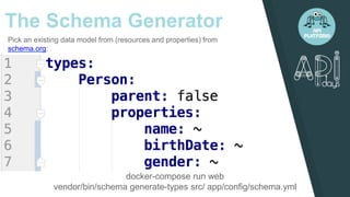 The Schema Generator
Pick an existing data model from (resources and properties) from
schema.org:
docker-compose run web
vendor/bin/schema generate-types src/ app/config/schema.yml
 