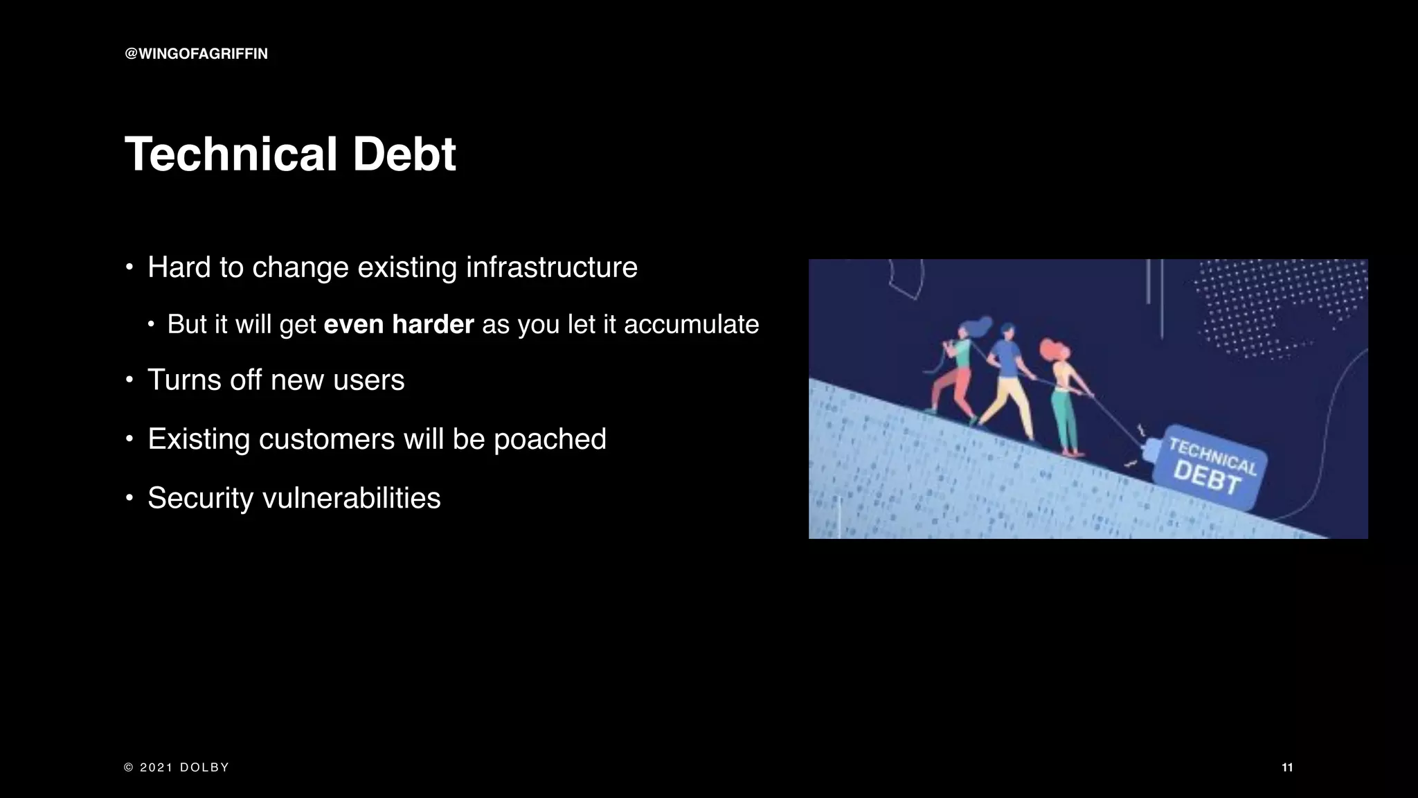 Technical Debt
• Hard to change existing infrastructure
• But it will get even harder as you let it accumulate
• Turns off new users
• Existing customers will be poached
• Security vulnerabilities
11
© 2 0 2 1 D O L B Y
@WINGOFAGRIFFIN
 