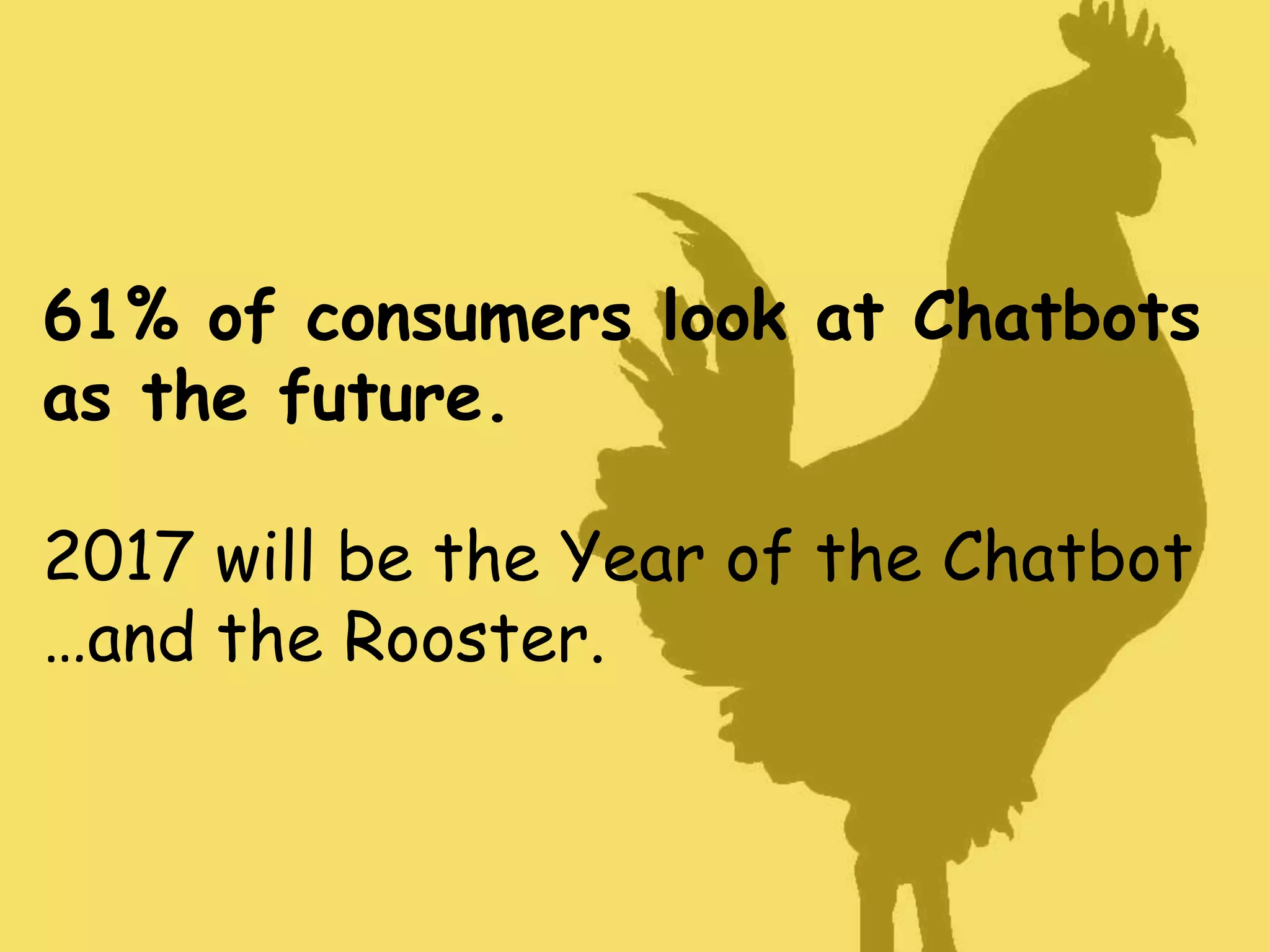 61% of consumers look at Chatbots
as the future.
2017 will be the Year of the Chatbot
…and the Rooster.
 