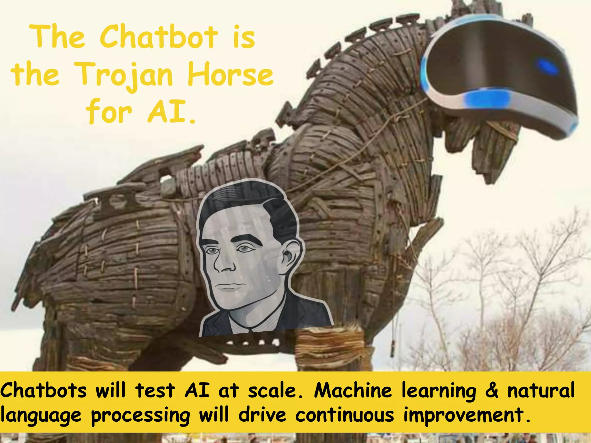 The Chatbot is
the Trojan Horse
for AI.
Chatbots will test AI at scale. Machine learning & natural
language processing will drive continuous improvement.
 