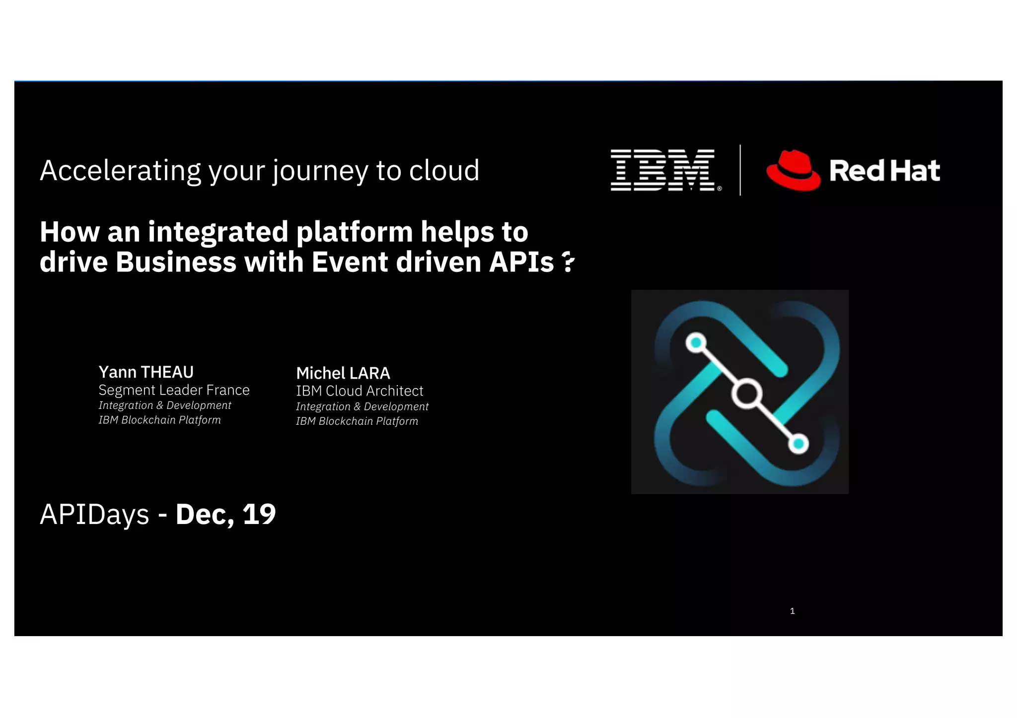 Accelerating your journey to cloud
How an integrated platform helps to
drive Business with Event driven APIs ?
APIDays - Dec, 19
1
Yann THEAU
Segment Leader France
Integration & Development
IBM Blockchain Platform
Michel LARA
IBM Cloud Architect
Integration & Development
IBM Blockchain Platform
 