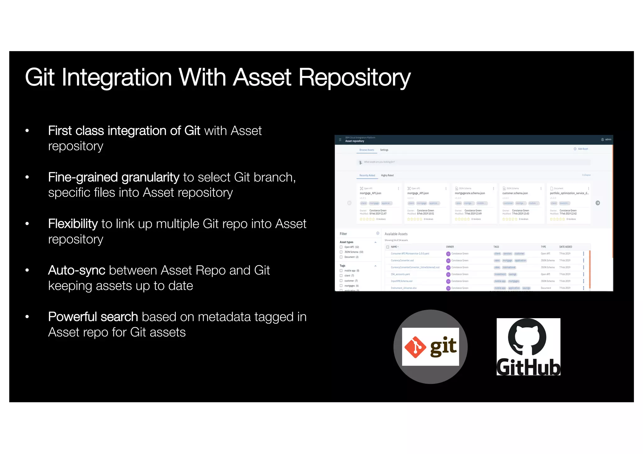 Git Integration With Asset Repository
• First class integration of Git with Asset
repository
• Fine-grained granularity to select Git branch,
specific files into Asset repository
• Flexibility to link up multiple Git repo into Asset
repository
• Auto-sync between Asset Repo and Git
keeping assets up to date
• Powerful search based on metadata tagged in
Asset repo for Git assets
 