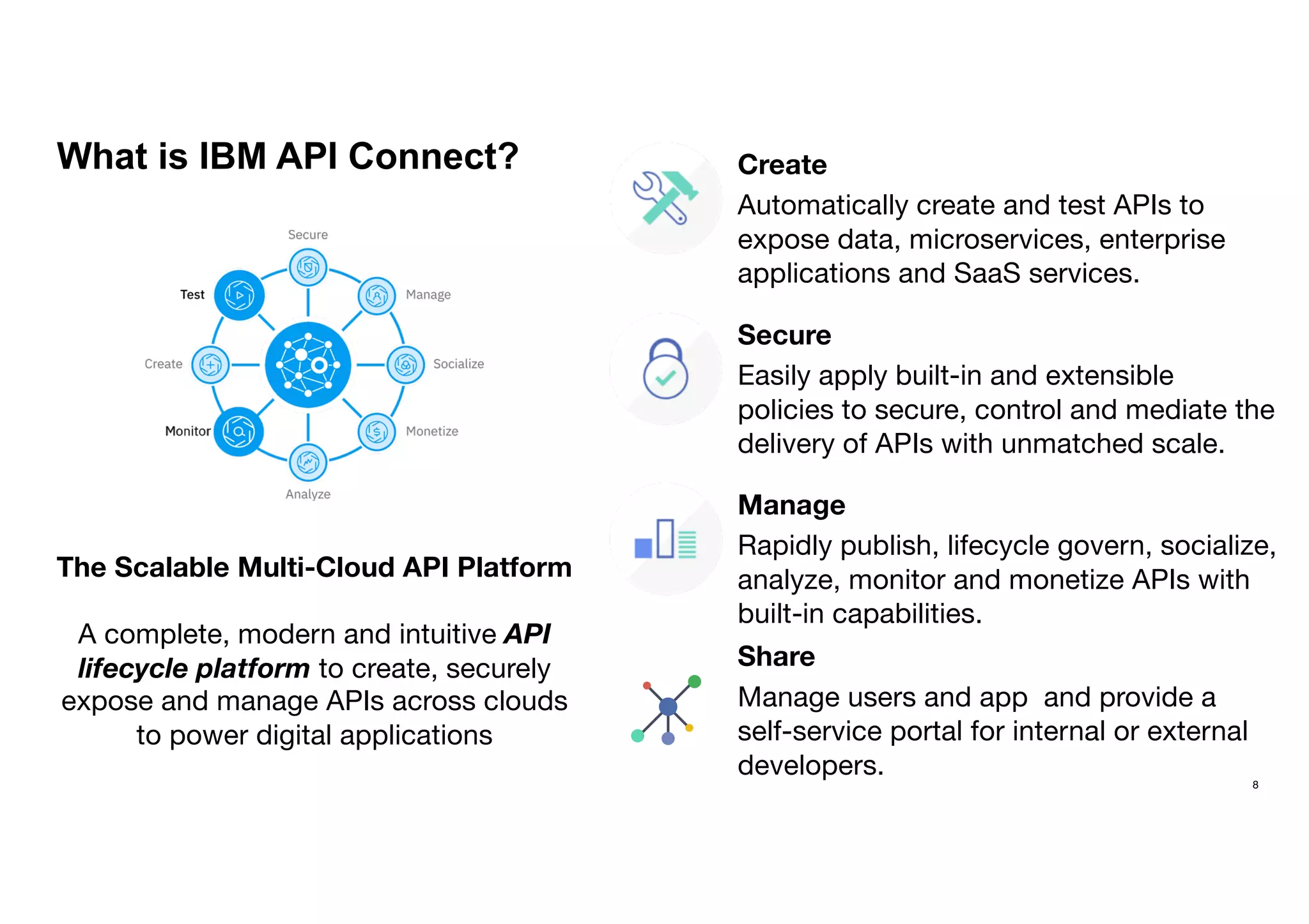 What is IBM API Connect? Create
Automatically create and test APIs to
expose data, microservices, enterprise
applications and SaaS services.
Secure
Easily apply built-in and extensible
policies to secure, control and mediate the
delivery of APIs with unmatched scale.
Manage
Rapidly publish, lifecycle govern, socialize,
analyze, monitor and monetize APIs with
built-in capabilities.
The Scalable Multi-Cloud API Platform
A complete, modern and intuitive API
lifecycle platform to create, securely
expose and manage APIs across clouds
to power digital applications
8
Share
Manage users and app and provide a
self-service portal for internal or external
developers.
 