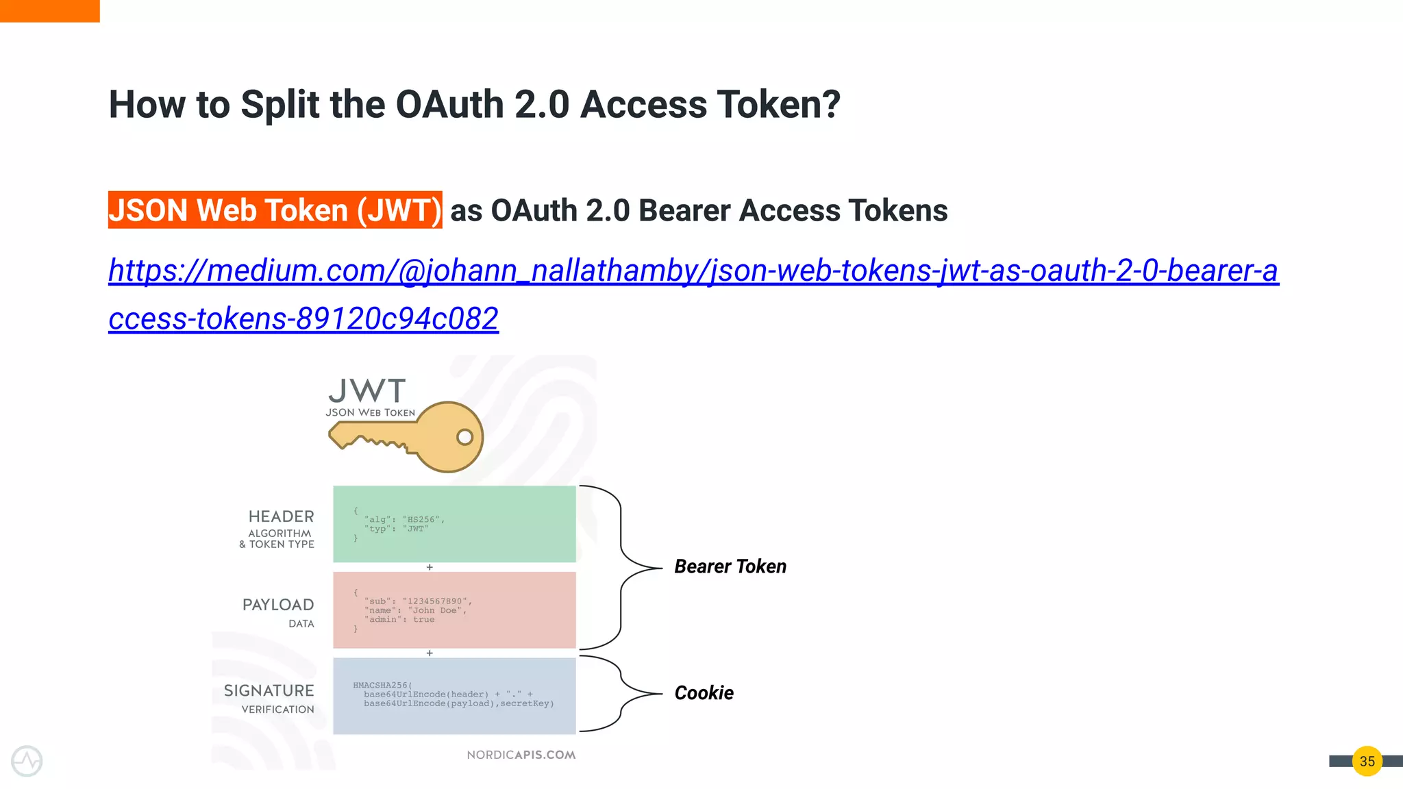 JSON Web Token (JWT) as OAuth 2.0 Bearer Access Tokens
https://medium.com/@johann_nallathamby/json-web-tokens-jwt-as-oauth-2-0-bearer-a
ccess-tokens-89120c94c082
35
How to Split the OAuth 2.0 Access Token?
Cookie
Bearer Token
 