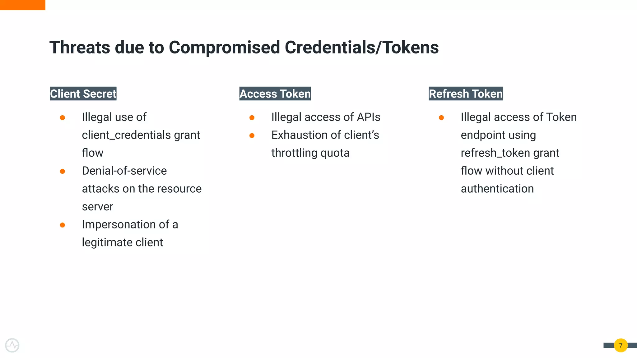 Threats due to Compromised Credentials/Tokens
7
Client Secret
● Illegal use of
client_credentials grant
ﬂow
● Denial-of-service
attacks on the resource
server
● Impersonation of a
legitimate client
Access Token
● Illegal access of APIs
● Exhaustion of client’s
throttling quota
Refresh Token
● Illegal access of Token
endpoint using
refresh_token grant
ﬂow without client
authentication
 