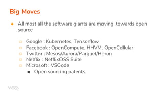 Big Moves
● All most all the software giants are moving towards open
source
○ Google : Kubernetes, Tensorflow
○ Facebook : OpenCompute, HHVM, OpenCellular
○ Twitter : Mesos/Aurora/Parquet/Heron
○ Netflix : NetflixOSS Suite
○ Microsoft : VSCode
■ Open sourcing patents
 