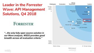 “...the only fully open source solution in
our Wave analysis, WSO2 provides good
breadth across all evaluation criteria.”
Leader in the Forrester
Wave: API Management
Solutions, Q4 2018
 