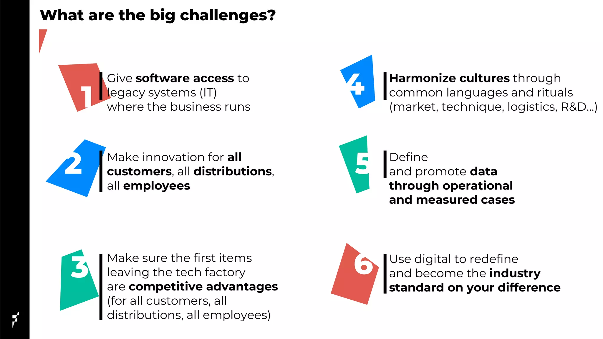 What are the big challenges?
Give software access to
legacy systems (IT)
where the business runs
Make innovation for all
customers, all distributions,
all employees
Make sure the first items
leaving the tech factory
are competitive advantages
(for all customers, all
distributions, all employees)
Harmonize cultures through
common languages and rituals
(market, technique, logistics, R&D...)
Define
and promote data
through operational
and measured cases
Use digital to redefine
and become the industry
standard on your difference
1
2
3
4
5
6
 