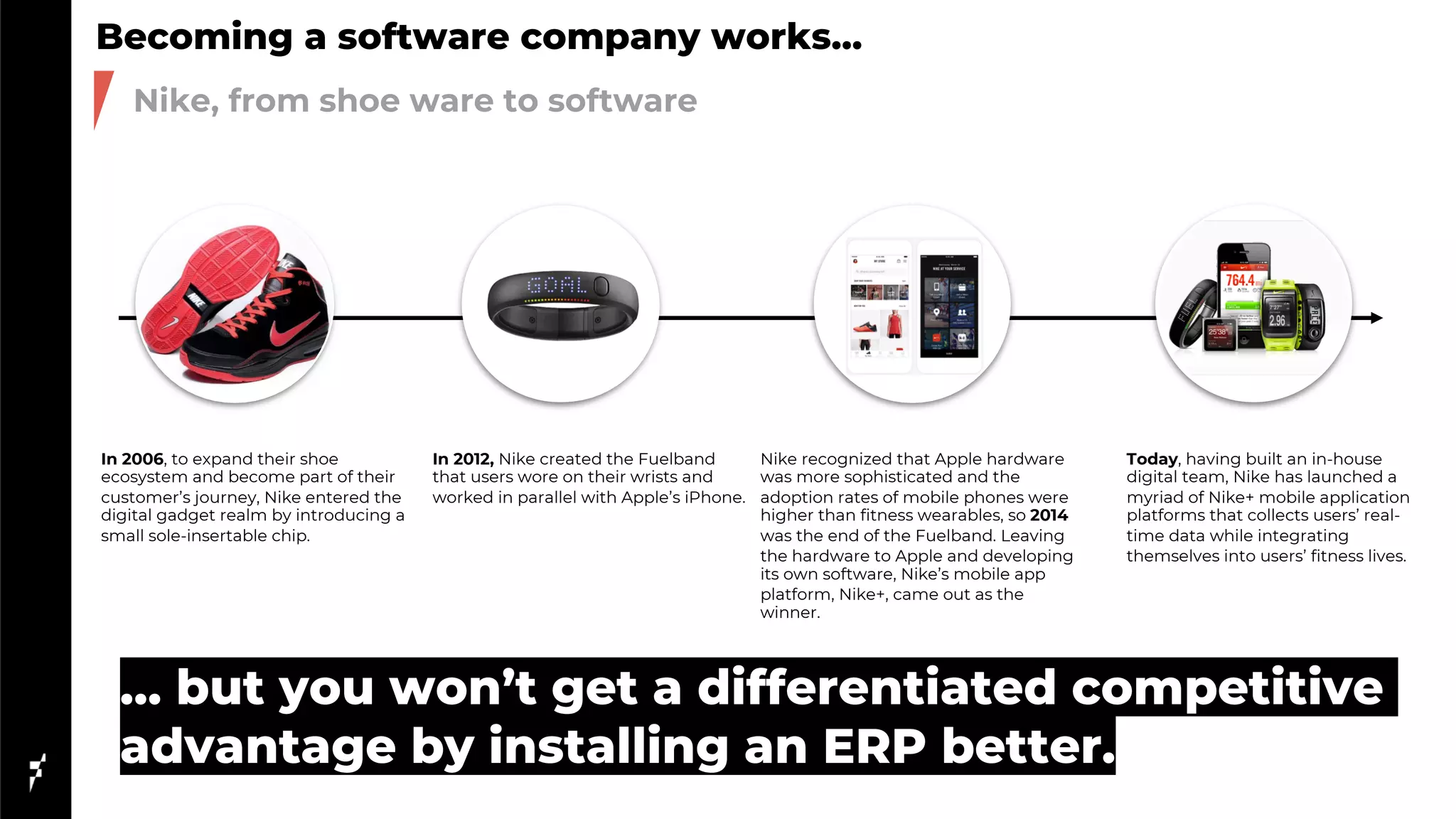 Becoming a software company works...
Nike, from shoe ware to software
In 2006, to expand their shoe
ecosystem and become part of their
customer’s journey, Nike entered the
digital gadget realm by introducing a
small sole-insertable chip.
In 2012, Nike created the Fuelband
that users wore on their wrists and
worked in parallel with Apple’s iPhone.
Today, having built an in-house
digital team, Nike has launched a
myriad of Nike+ mobile application
platforms that collects users’ real-
time data while integrating
themselves into users’ fitness lives.
Nike recognized that Apple hardware
was more sophisticated and the
adoption rates of mobile phones were
higher than fitness wearables, so 2014
was the end of the Fuelband. Leaving
the hardware to Apple and developing
its own software, Nike’s mobile app
platform, Nike+, came out as the
winner.
… but you won’t get a differentiated competitive
advantage by installing an ERP better.
 