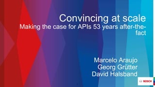 Convincing at scale
Marcelo Araujo
Georg Grütter
David Halsband
Making the case for APIs 53 years after-the-
fact
1
 