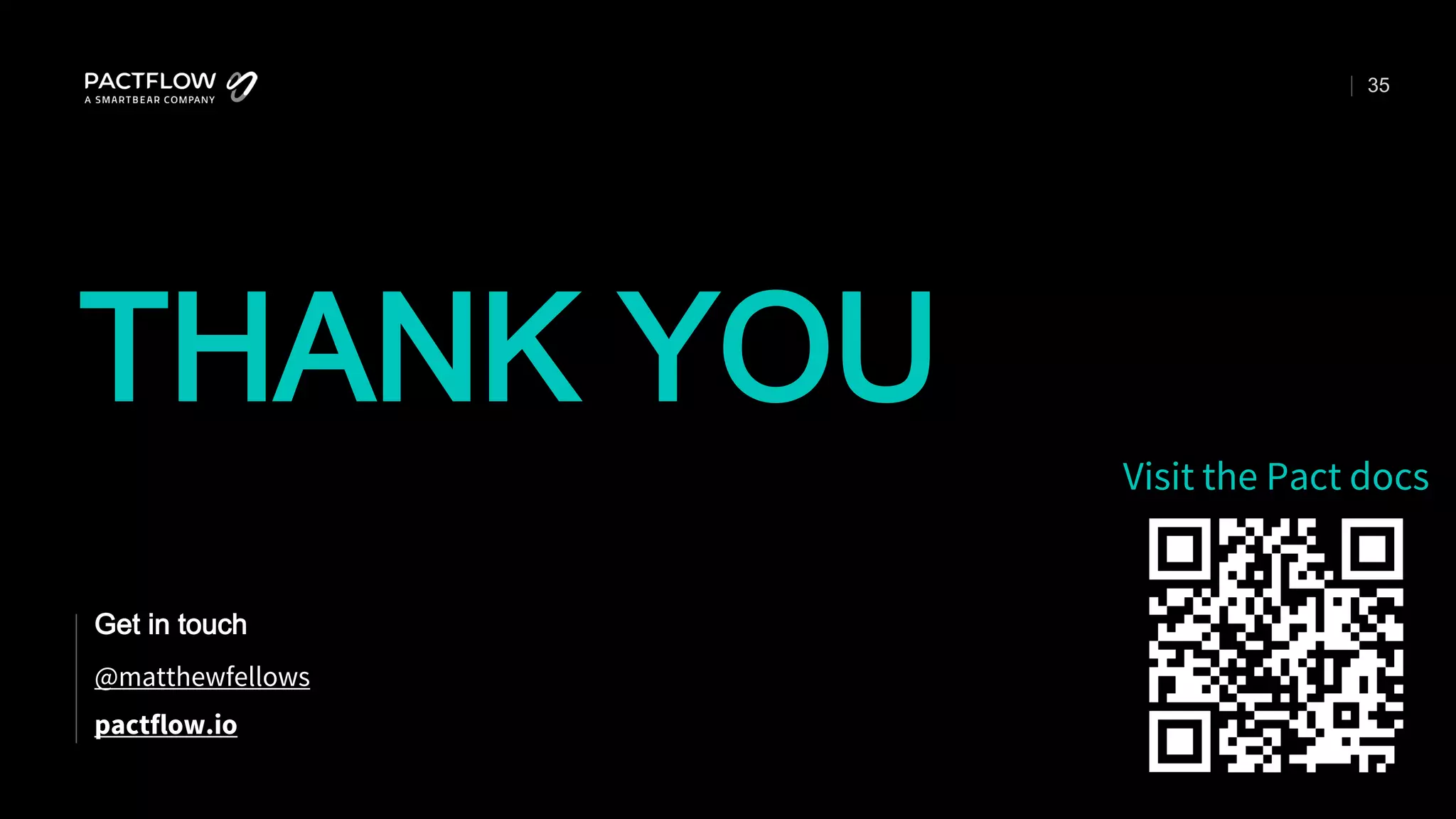35
THANK YOU
Get in touch
@matthewfellows
pactflow.io
Visit the Pact docs
 