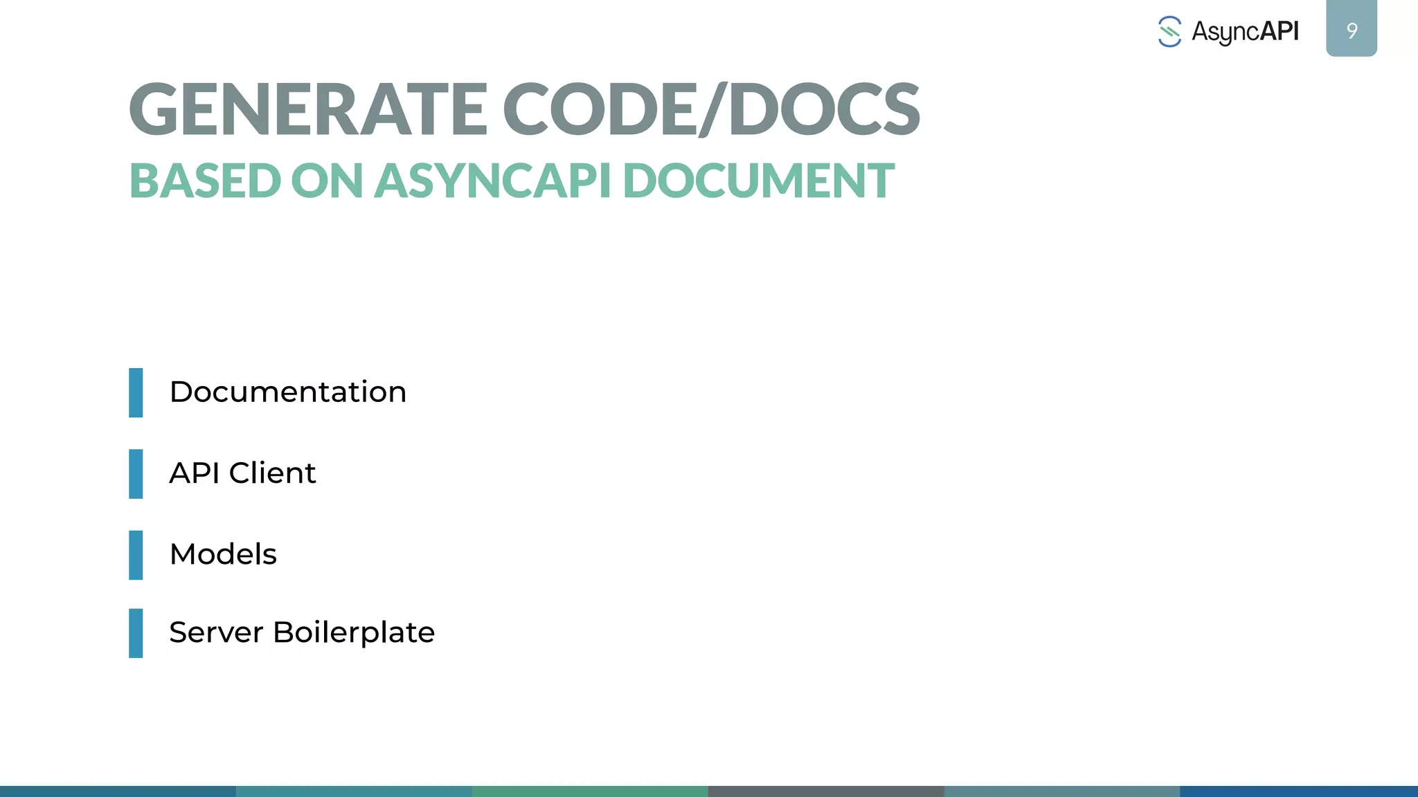 9
GENERATE CODE/DOCS
BASED ON ASYNCAPI DOCUMENT
Documentation
API Client
Models
Server Boilerplate
 