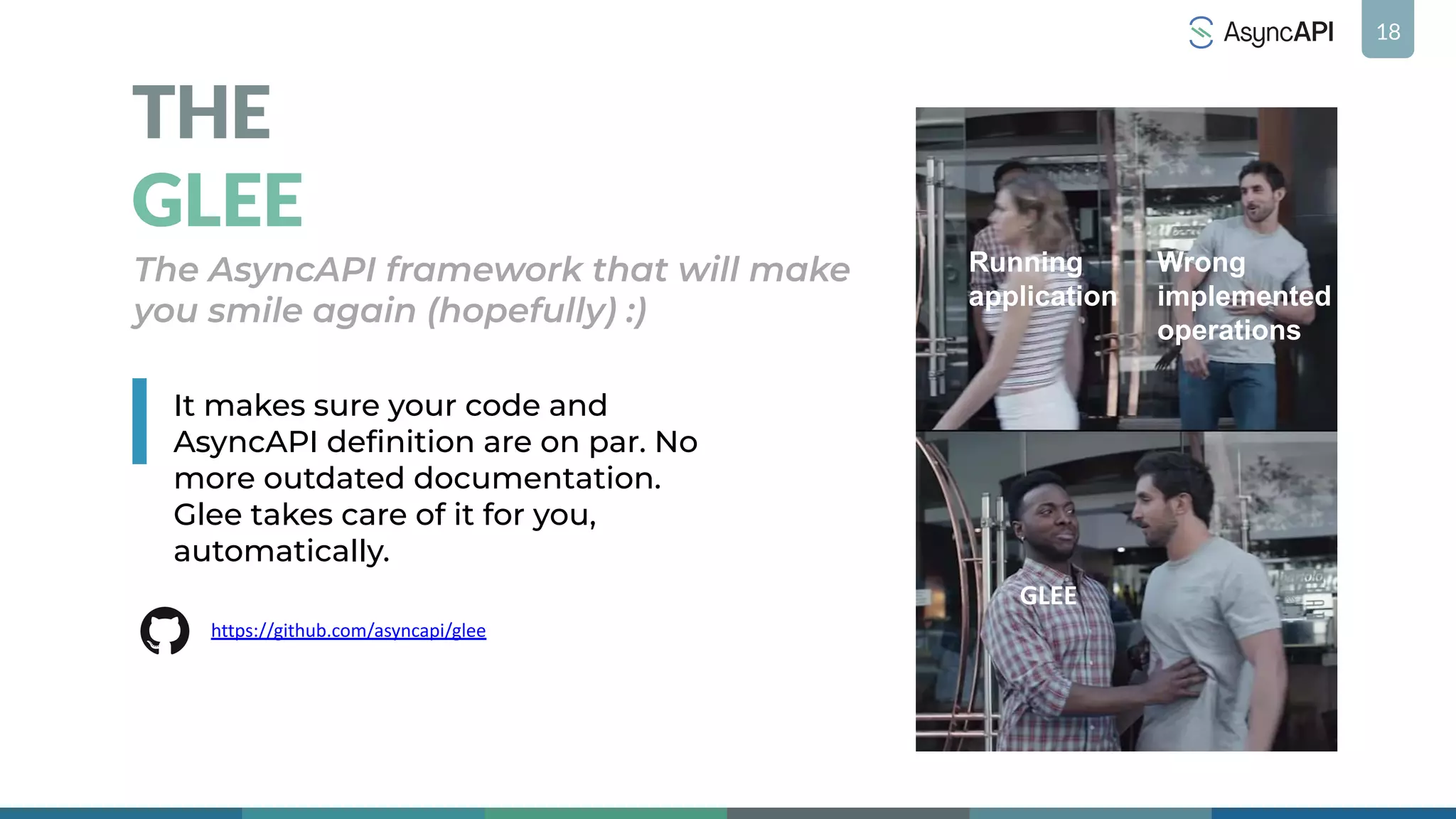 18
THE
GLEE
The AsyncAPI framework that will make
you smile again (hopefully) :)
It makes sure your code and
AsyncAPI deﬁnition are on par. No
more outdated documentation.
Glee takes care of it for you,
automatically.
GLEE
Running
application
Wrong
implemented
operations
https://github.com/asyncapi/glee
 