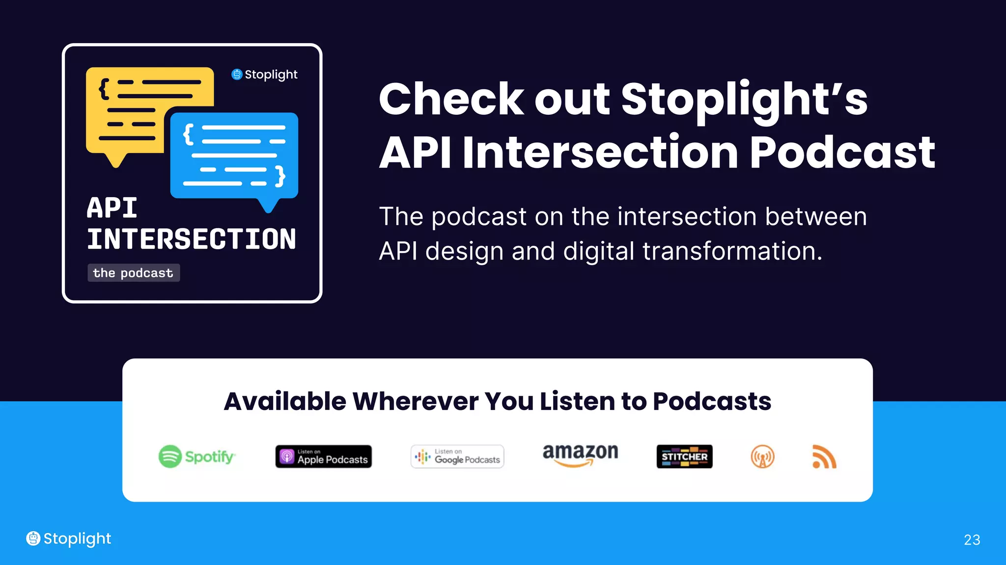 23
Check out Stoplight’s
API Intersection Podcast
The podcast on the intersection between
API design and digital transformation.
Available Wherever You Listen to Podcasts
 