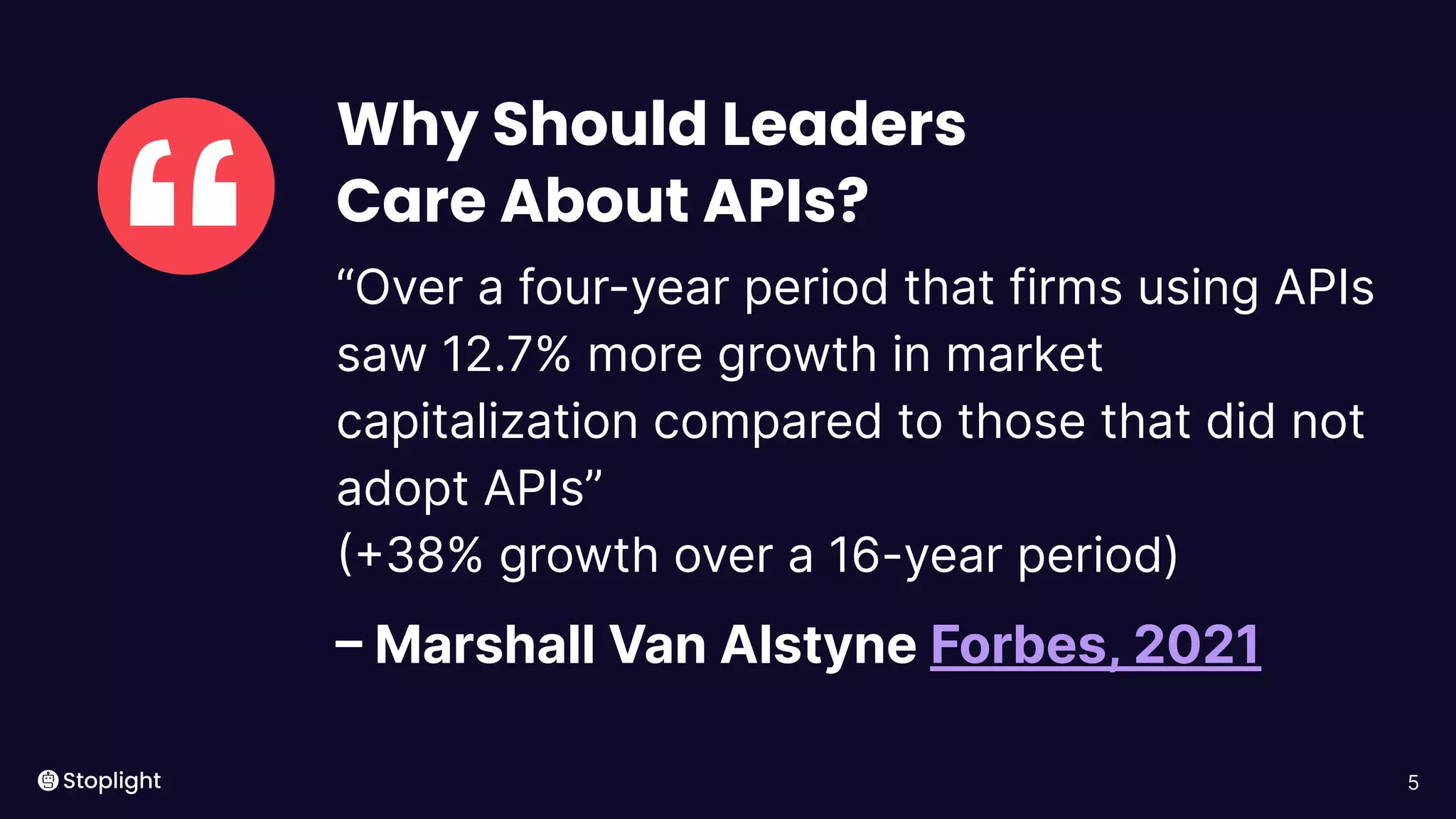 5
“
Why Should Leaders
Care About APIs?
“Over a four-year period that firms using APIs
saw 12.7% more growth in market
capitalization compared to those that did not
adopt APIs”
(+38% growth over a 16-year period)
– Marshall Van Alstyne Forbes, 2021
 