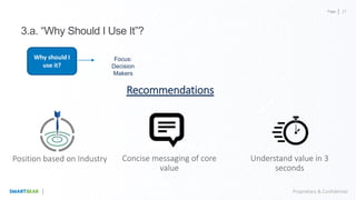 Page
Proprietary & Confidential
3.a. “Why Should I Use It”?
Focus:
Decision
Makers
Why should I
use it?
Position based on Industry Concise messaging of core
value
Understand value in 3
seconds
Recommendations
17
 