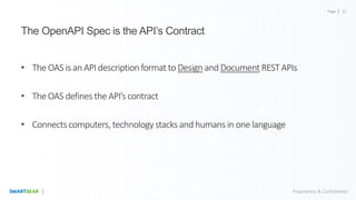 Page
Proprietary & Confidential
The OpenAPI Spec is the API’s Contract
• The OAS is an API descriptionformat to Design and Document REST APIs
• The OAS defines the API’s contract
• Connects computers, technologystacks and humans in one language
32
 