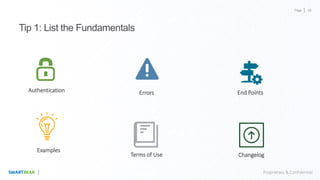 Page
Proprietary & Confidential
Tip 1: List the Fundamentals
Authentication Errors End Points
Terms of Use Changelog
Examples
38
 