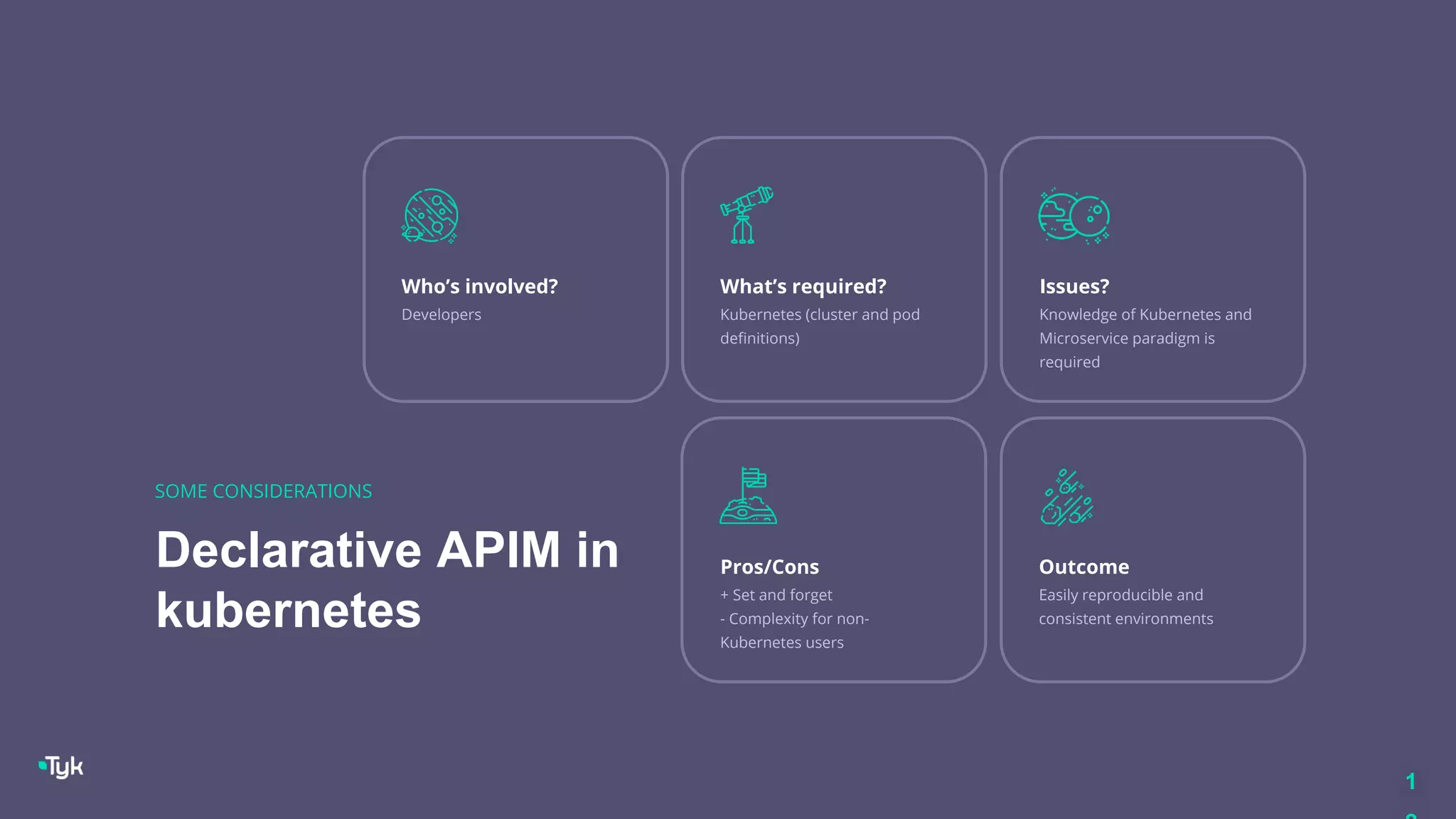 1
Declarative APIM in
kubernetes
SOME CONSIDERATIONS
Who’s involved?
Developers
What’s required?
Kubernetes (cluster and pod
definitions)
Issues?
Knowledge of Kubernetes and
Microservice paradigm is
required
Outcome
Easily reproducible and
consistent environments
Pros/Cons
+ Set and forget
- Complexity for non-
Kubernetes users
 
