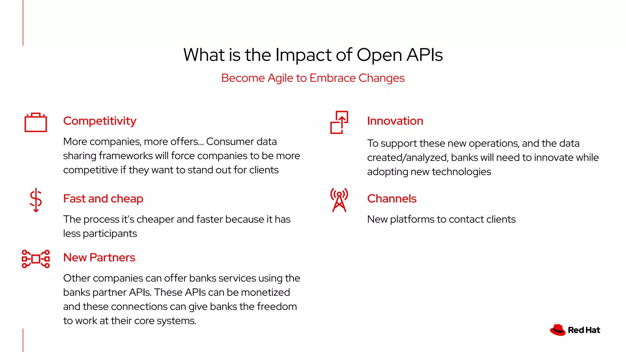 Innovation
What is the Impact of Open APIs
Become Agile to Embrace Changes
More companies, more offers… Consumer data
sharing frameworks will force companies to be more
competitive if they want to stand out for clients
Competitivity
New platforms to contact clients
Channels
To support these new operations, and the data
created/analyzed, banks will need to innovate while
adopting new technologies
Fast and cheap
The process it's cheaper and faster because it has
less participants
New Partners
Other companies can offer banks services using the
banks partner APIs. These APIs can be monetized
and these connections can give banks the freedom
to work at their core systems.
 