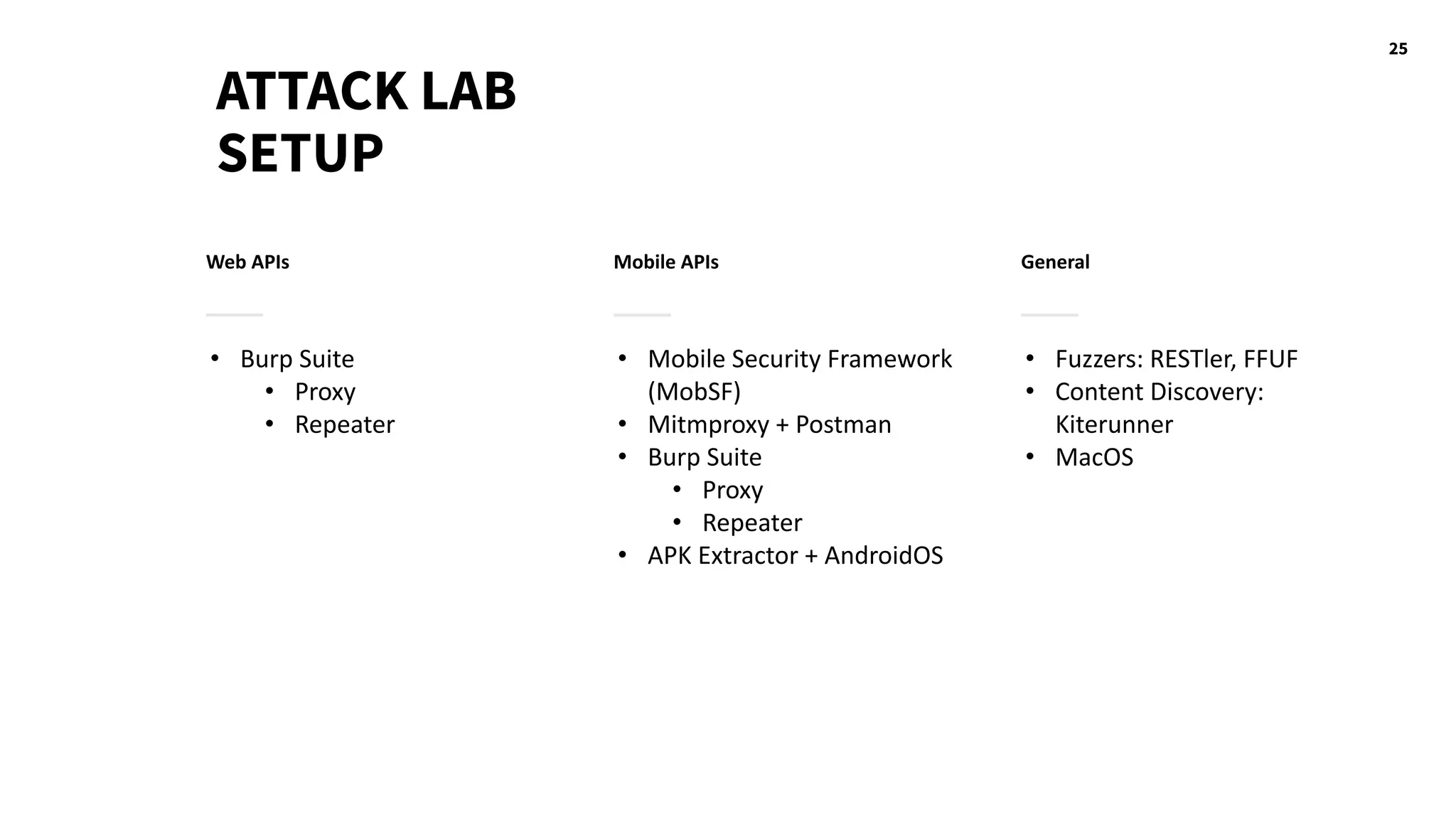25
ATTACK LAB
SETUP
Web APIs
• Burp Suite
• Proxy
• Repeater
Mobile APIs
• Mobile Security Framework
(MobSF)
• Mitmproxy + Postman
• Burp Suite
• Proxy
• Repeater
• APK Extractor + AndroidOS
General
• Fuzzers: RESTler, FFUF
• Content Discovery:
Kiterunner
• MacOS
 