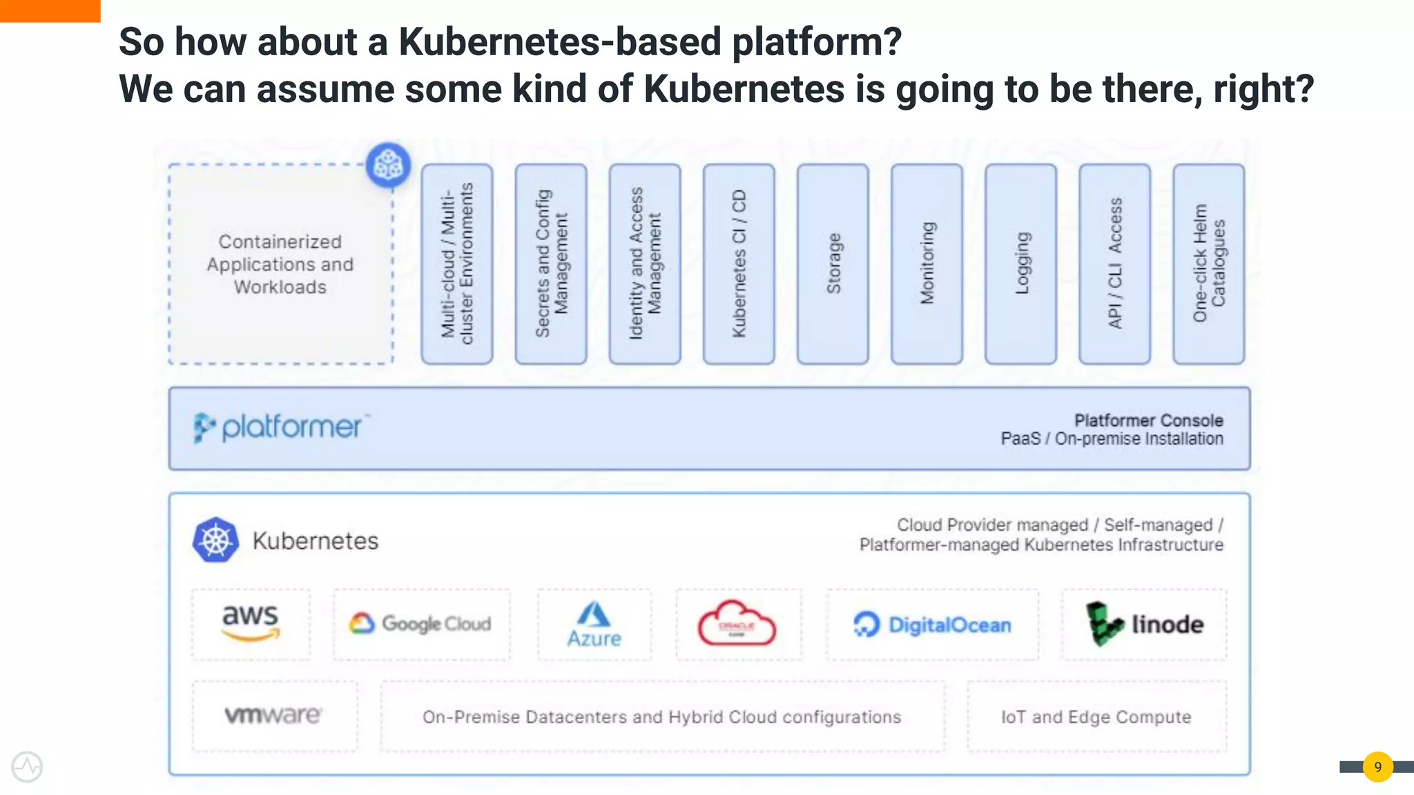 So how about a Kubernetes-based platform?
We can assume some kind of Kubernetes is going to be there, right?
9
 