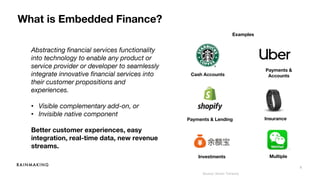 5
What is Embedded Finance?
Abstracting financial services functionality
into technology to enable any product or
service provider or developer to seamlessly
integrate innovative financial services into
their customer propositions and
experiences.
• Visible complementary add-on, or
• Invisible native component
Better customer experiences, easy
integration, real-time data, new revenue
streams.
Cash Accounts
Payments &
Accounts
Investments
Payments & Lending Insurance
Examples
Multiple
Source: Simon Torrance
 