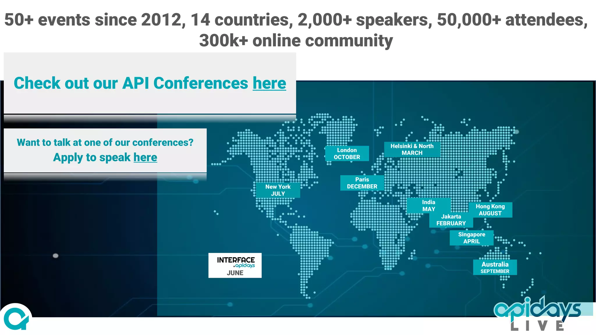 New York
JULY
Australia
SEPTEMBER
Singapore
APRIL
Helsinki & North
MARCH
Paris
DECEMBER
London
OCTOBER
Jakarta
FEBRUARY
Hong Kong
AUGUST
JUNE
India
MAY
Check out our API Conferences here
50+ events since 2012, 14 countries, 2,000+ speakers, 50,000+ attendees,
300k+ online community
Want to talk at one of our conferences?
Apply to speak here