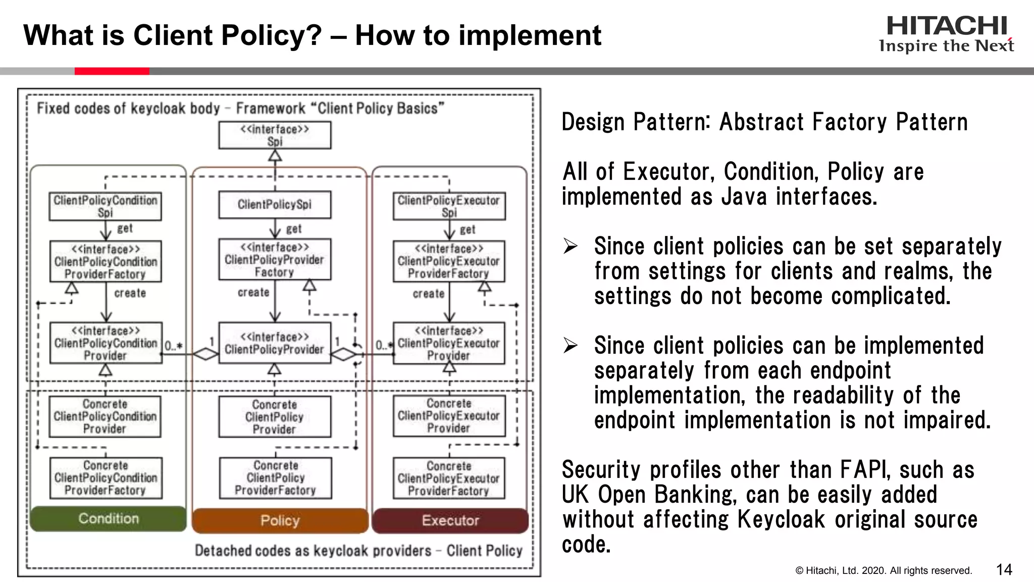 14© Hitachi, Ltd. 2020. All rights reserved.
What is Client Policy? – How to implement
Design Pattern: Abstract Factory Pattern
All of Executor, Condition, Policy are
implemented as Java interfaces.
 Since client policies can be set separately
from settings for clients and realms, the
settings do not become complicated.
 Since client policies can be implemented
separately from each endpoint
implementation, the readability of the
endpoint implementation is not impaired.
Security profiles other than FAPI, such as
UK Open Banking, can be easily added
without affecting Keycloak original source
code.
 